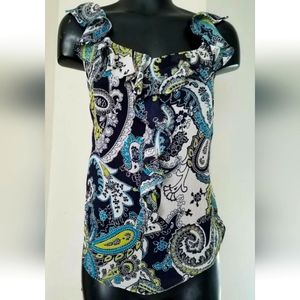 Liz Claiborne Black Blue Ruffle Paisley Cap Sleev Casual Dress Blouse Sz 6 Small